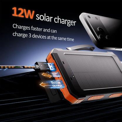 30000Mah Solar Power Bank, Portable Charger for Outdoor Camping Hiking, 12W USB Charging, Orange