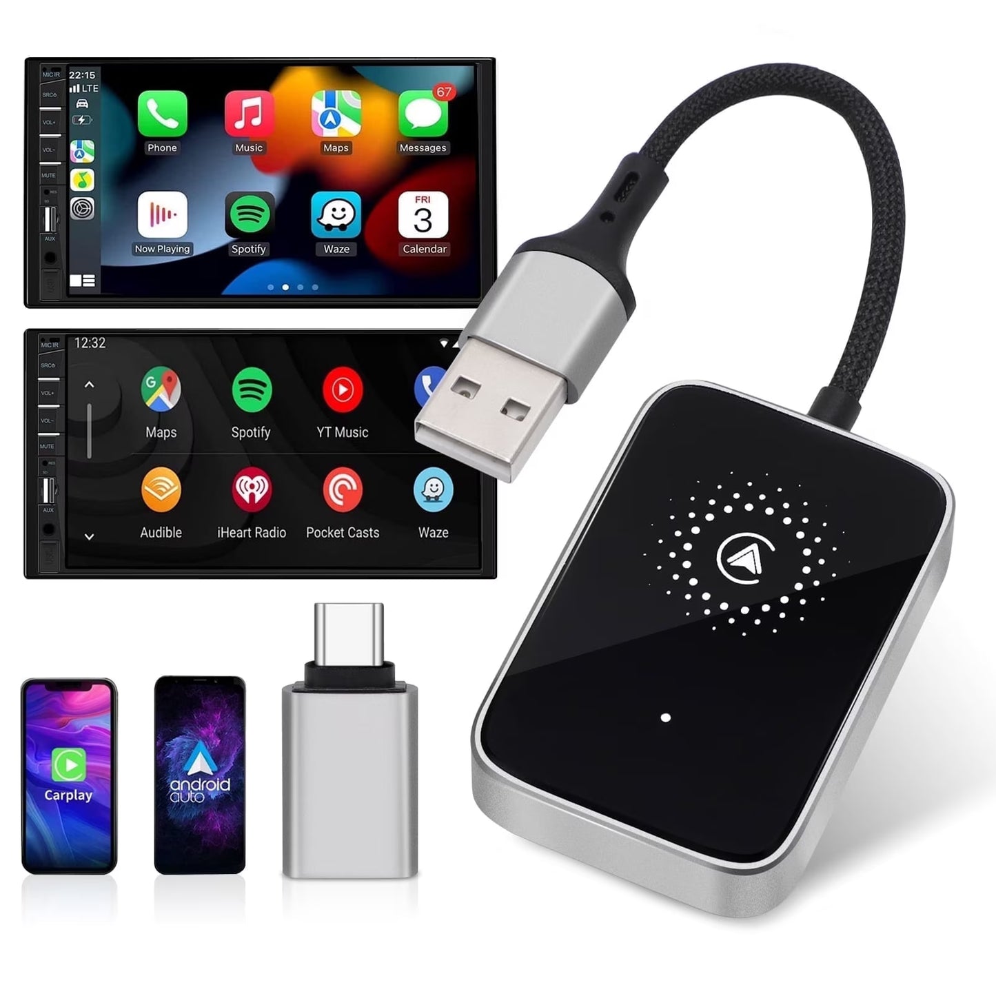 2 in 1 Wireless Carplay Adapter Upgraded, Wireless Carplay & Android Auto Adapter Converts Factory Wired Carplay to Wireless, Plug and Play Car Play Wireless Adapter, Compatible /Android