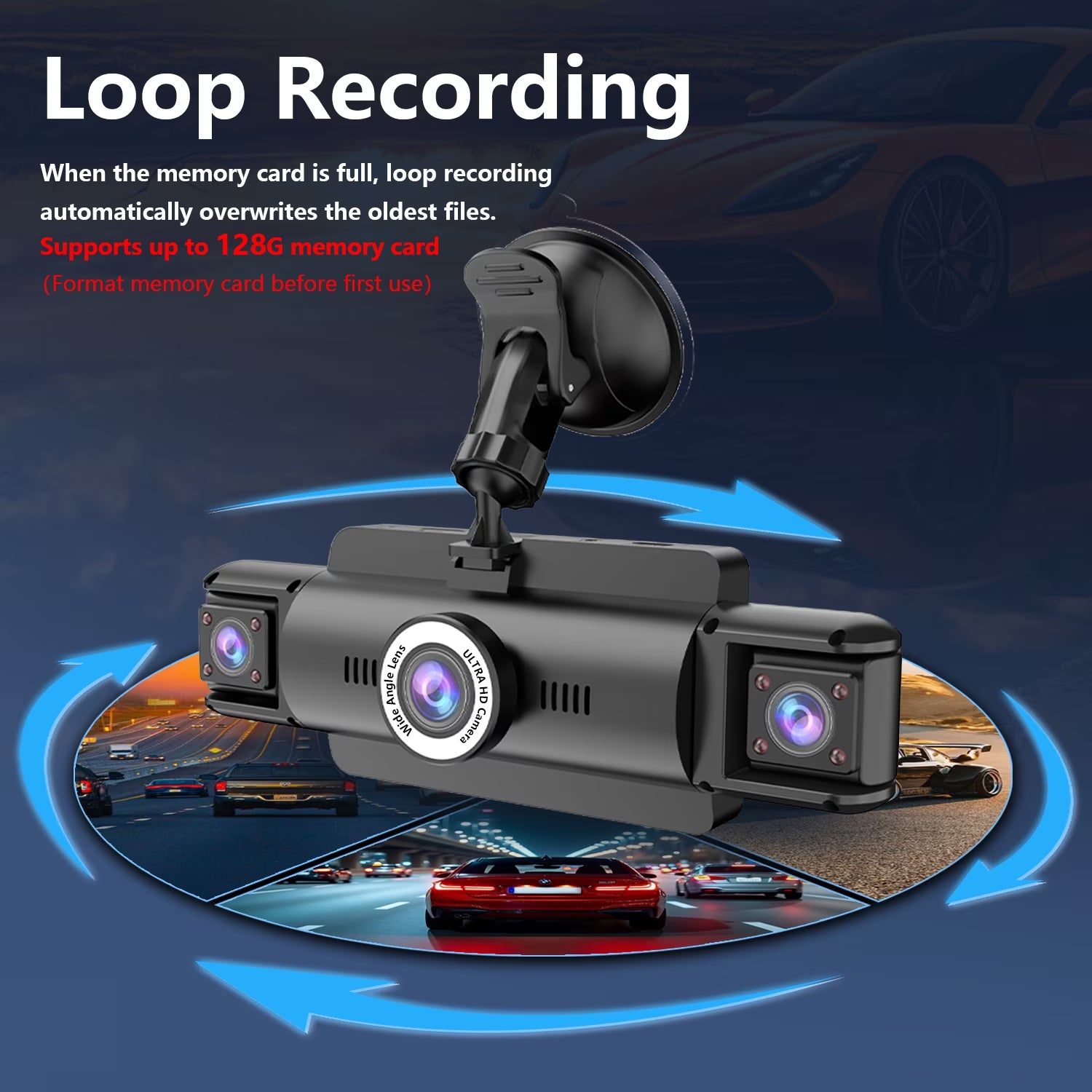 4 Channel Dash Cam,4K 360 Full View Front Rear Left Right Car Camera, 2.4Ghz Wifi App, Night Vision, G-Sensor, Loop Recording, 64GB Card