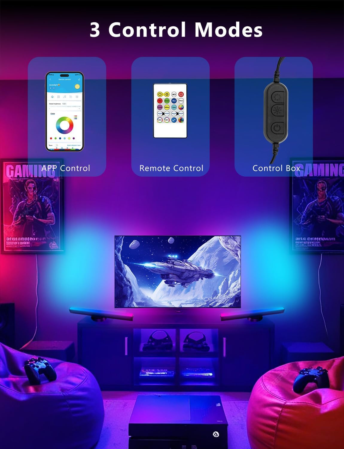 Smart LED Light Bar,Rgbicww TV Light Bars for Room,Gaming,Black | Remote and App Control,Color Changing,Timing,14 Inches TV Backlights with Scene and Music Modes,Multiple Placement Options