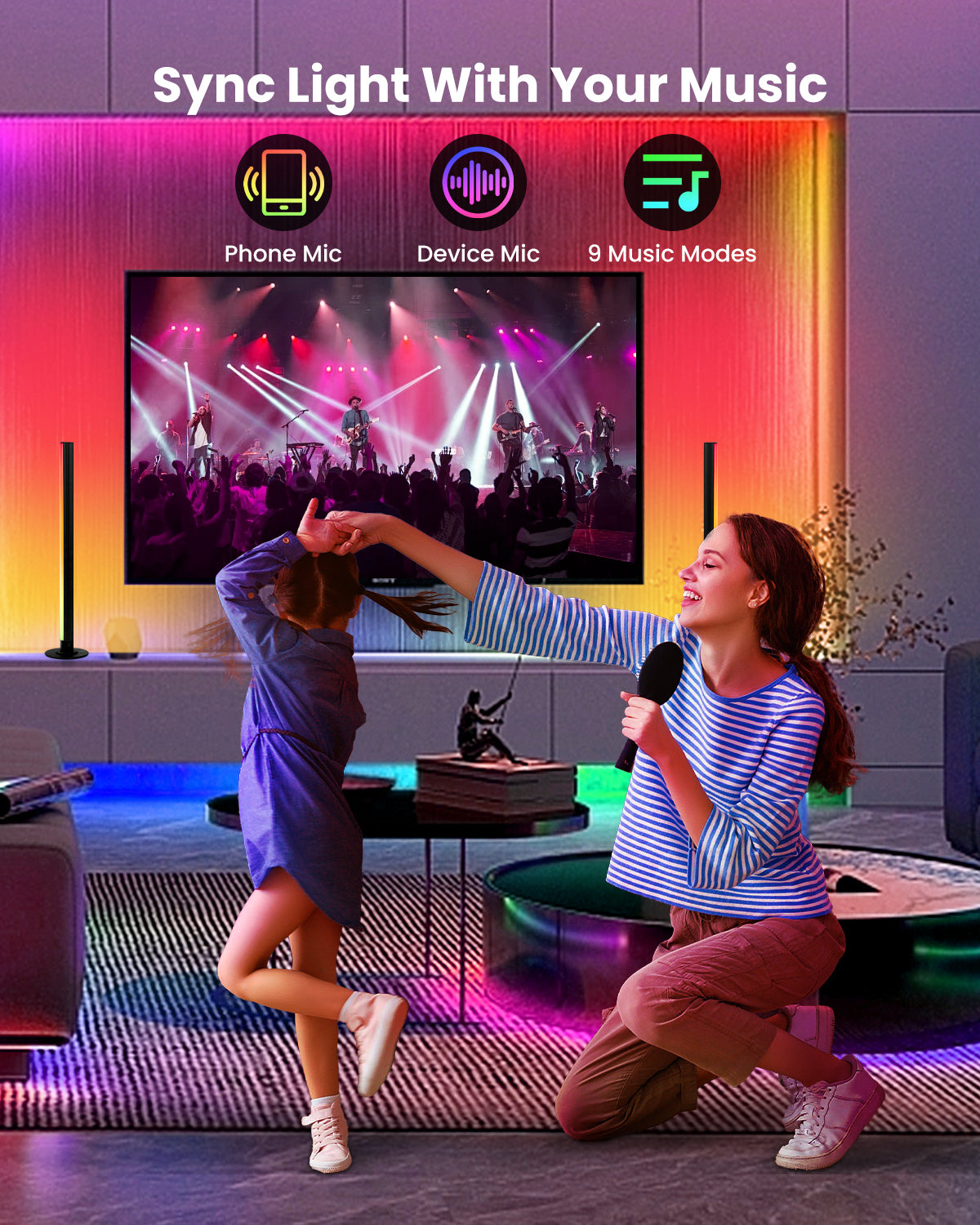 Smart LED Light Bars 2 Pack, 15" Portable TV Monitor Backlight, Gaming Ambient Lighting, RGBIC Color-Changing Mood Light, App & Voice Control, 44 Scene Modes, Music Sync, 16 Million Colors