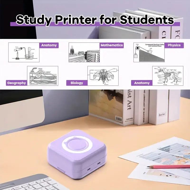 Inkless Mini Thermal Pocket Printer, Wireless Mini Sticker Printer with 10 Rolls Thermal Paper for Ios&Android, Portable Mini Photo Printer for Notes Journal Memo Photo Study