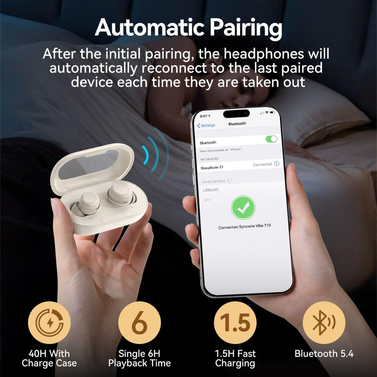 Sleep Earbuds, Sleep Headphones for Side Sleepers, Mini Bluetooth 5.4 Wireless Earbuds, Ultra-Soft Silicone Invisible Earphones for Sleeping, Noise Cancelling Earbuds with Long Battery Life (White)