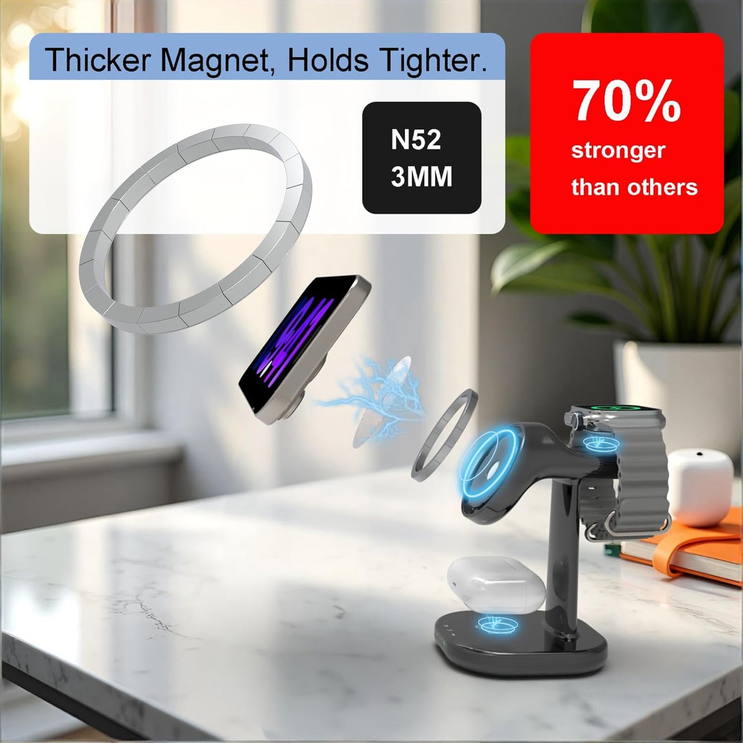 3 in 1 Wireless Charging Station for Magsafe Charger Stand,Magnetic Phone Charger for Iphone,For Apple Watch,For Airpods,For Magsafe Charging Station (Black)