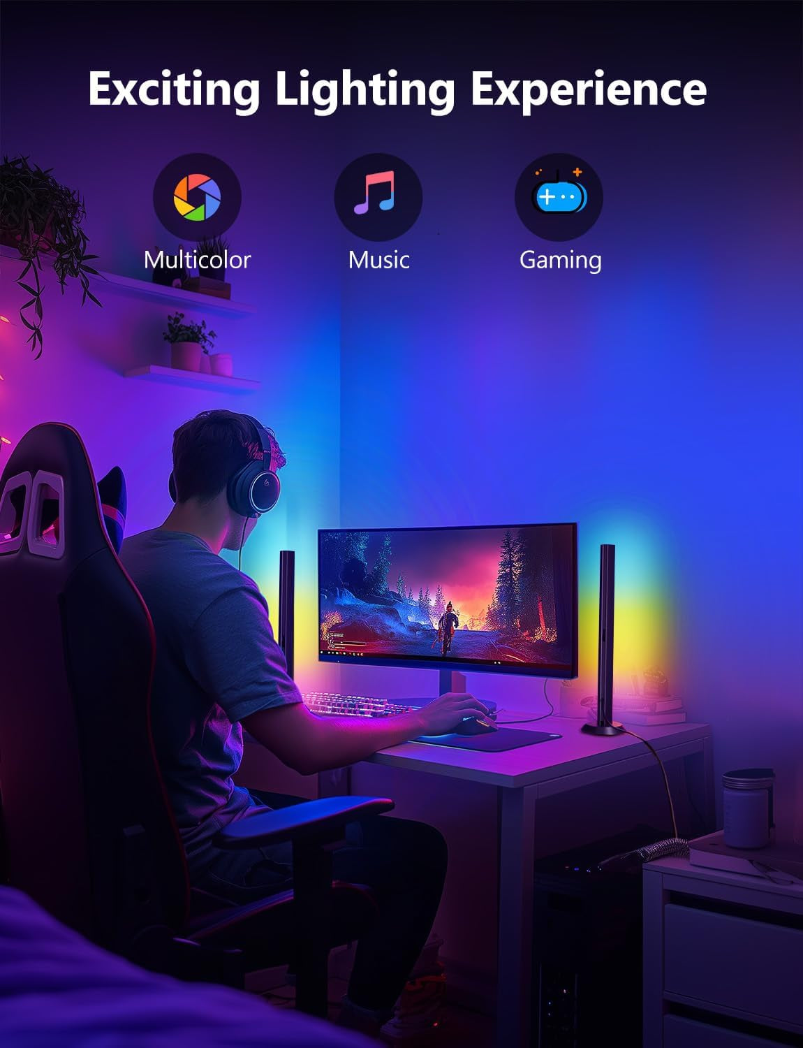 Smart LED Light Bar,Rgbicww TV Light Bars for Room,Gaming,Black | Remote and App Control,Color Changing,Timing,14 Inches TV Backlights with Scene and Music Modes,Multiple Placement Options