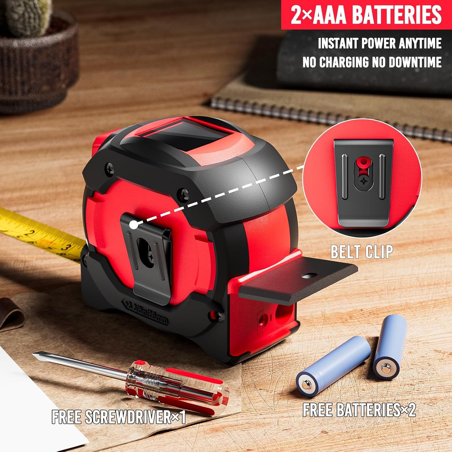 3-In-1 Laser Tape Measure - 197Ft Digital Measuring Tape with Led Display&16Ft Measuring Tool with Magnetic Hook & Auto Lock - Pythagorean, Area, Volume, Ft/Ft+In/In/M Unit, AAA Battery*2, Red