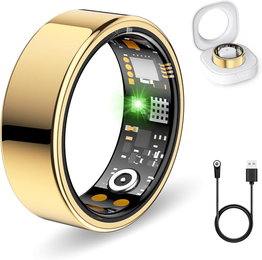Smart Rings for Women Men, Fitness Ring with Heart Rate, Blood Oxygen, HRV, Stress, Sleep Tracker, Step Tracker, No Subscription Fee, Lp68 Waterproof Smart Ring for Iphone & Android (Gold 9#