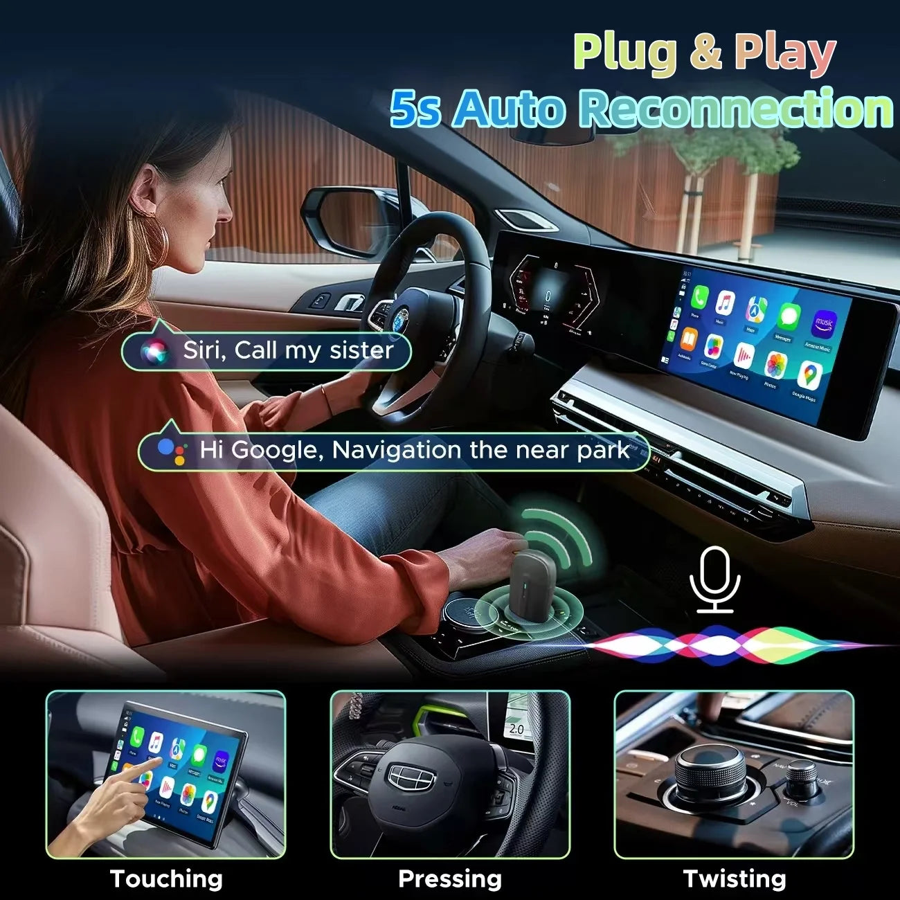 Dnxniaify New In-Car Wireless Carplay Adapter for Apple and Android Systems, Mini Size, Fast Connection, Super Strong Signal without Delay, Stable Control