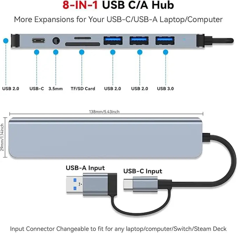 USB C Hub Docking Station 8-In-1 USB Extender with 4 USB Ports, TF/SD Card Reader, 3.5Mm Audio Jack & USB C Port, Dual USB-A/C Input for Macbook/Ipad/Pc/Laptops, Computer Accessories #Summervibes
