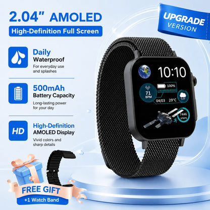 2.04" AMOLED Smart Watch – IP68 Waterproof, Bluetooth Calling, Fitness Tracker + Free Magnetic Mesh Steel Band