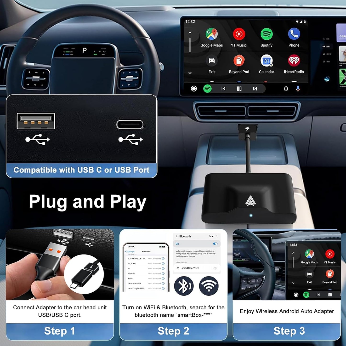 Android Auto Wireless Adapter Compatible with Samsung/Google/Pixel, Etc | Wireless Android Auto Adapter for 2017 Later Car, Convert OEM Wired to Wireless, for Android 11+, Stable Bluetooth Connection
