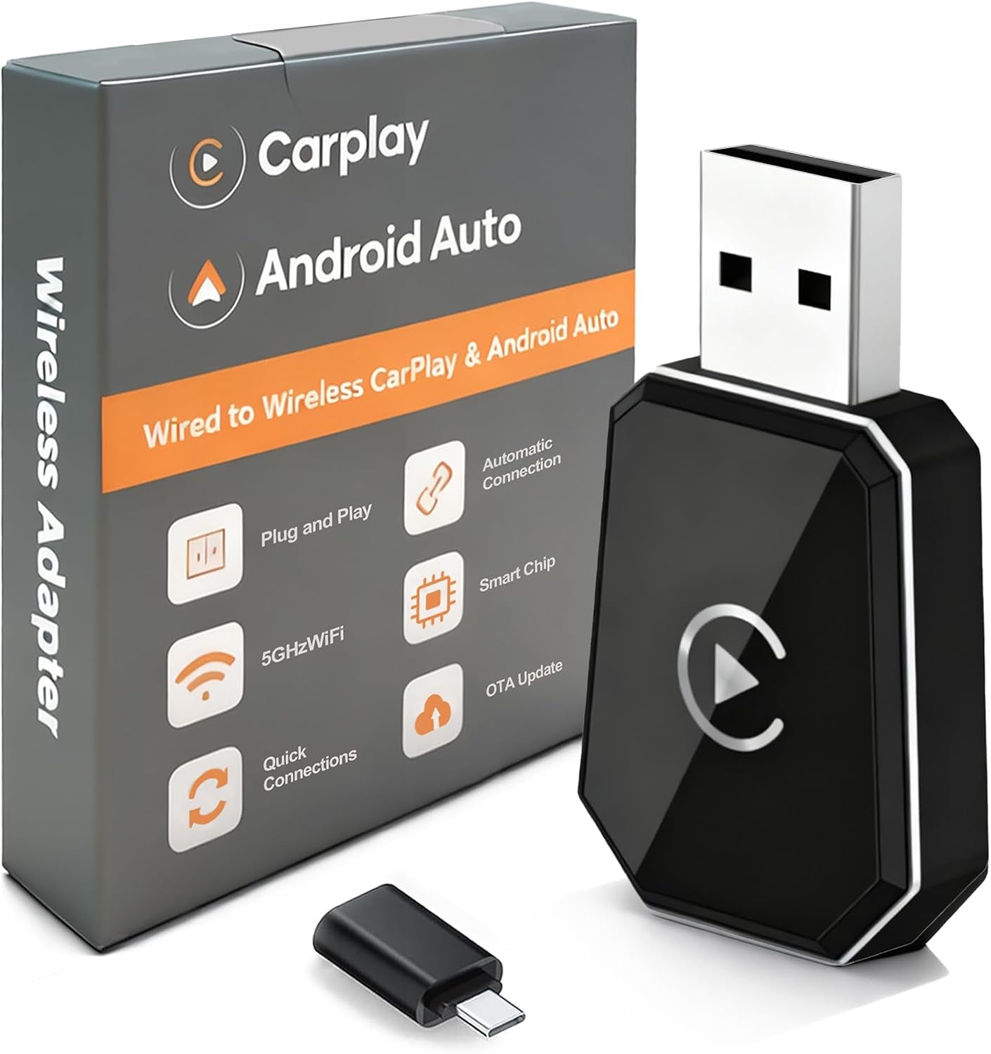 Wireless Carplay Adapter, Android Auto Adapter Plug and Play 2025 Carplay, Convert Wired to Wireless Supports Car Original Control, Mini Car Play Box for Cars