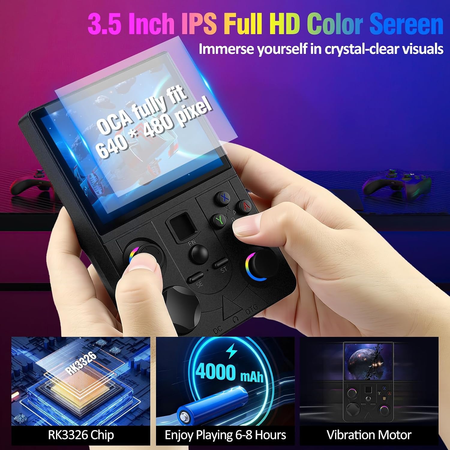 DC35V Retro Handheld Game Console, 3.5 Inch HD IPS Screen (Black)