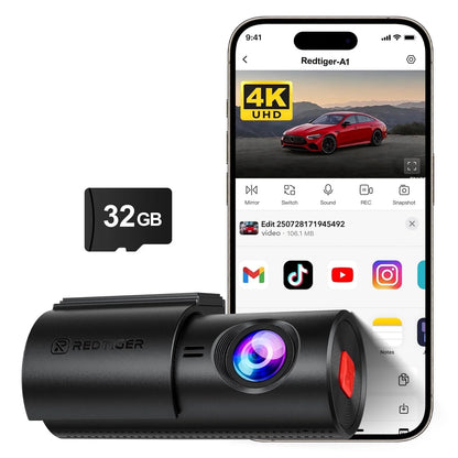 4K Dash Cam with Wifi & APP Control, Compact Mini Car Camera,Super Night Vision, G-Sensor, 24H Parking Mode, Loop Recording