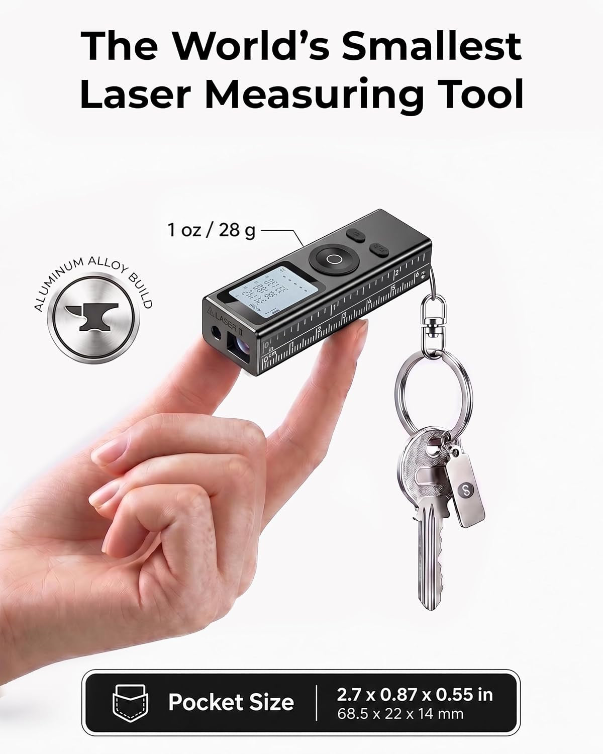 Ray Mini Laser Measuring Tool, Pocket Size Laser Tape Measure | 2.7In 1Oz, Keychain Digital Tape Measure, ±2Mm 100Ft Range, IN/FT/M, No App, Metal Body, Backlit Display, USB-C, Great Gift