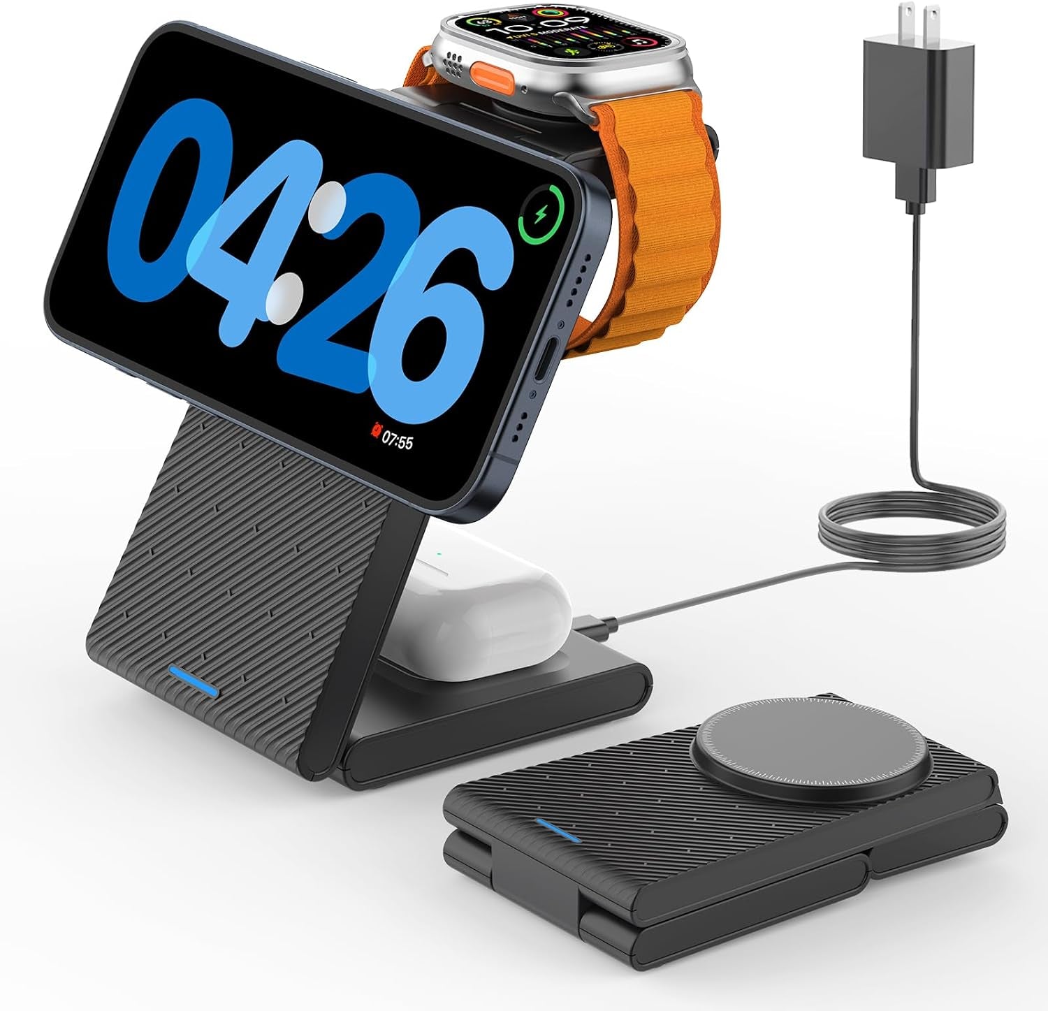 3 in 1 Wireless Charging Station for Magsafe, Foldable Magnetic Wireless Charger Stand for Multiple Devices, Wireless Charger for Iphone 17 16-12 Series, Apple Watch 11-2, Airpods 4/3/2/Pro