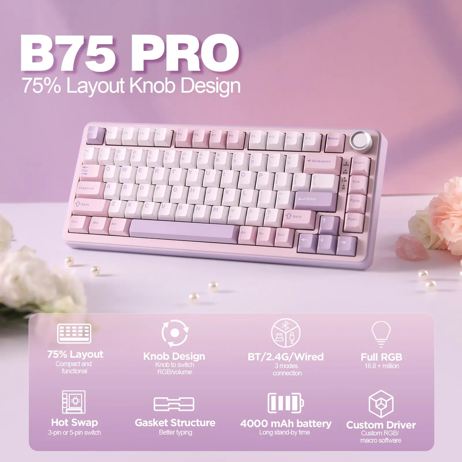 YUNZII B75 PRO Purple Wireless RGB Mechanical Keyboard, 75% Gaming Keyboard Gasket Hot Swap Custom Keyboard with Knob, Pre-Lubed Switches RGB, Bluetooth/Type-C/2.4G Creamy Keyboard