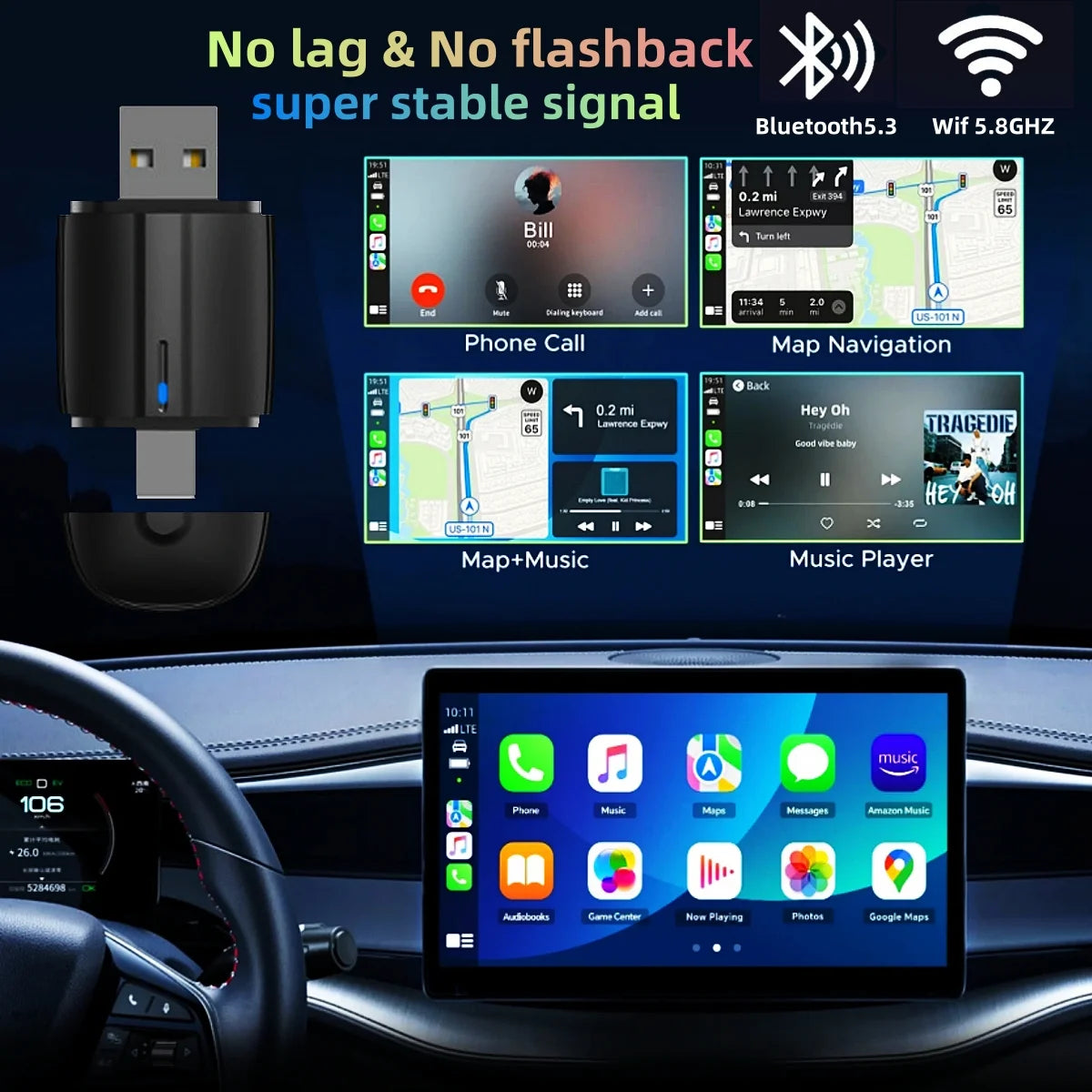 Dnxniaify New In-Car Wireless Carplay Adapter for Apple and Android Systems, Mini Size, Fast Connection, Super Strong Signal without Delay, Stable Control