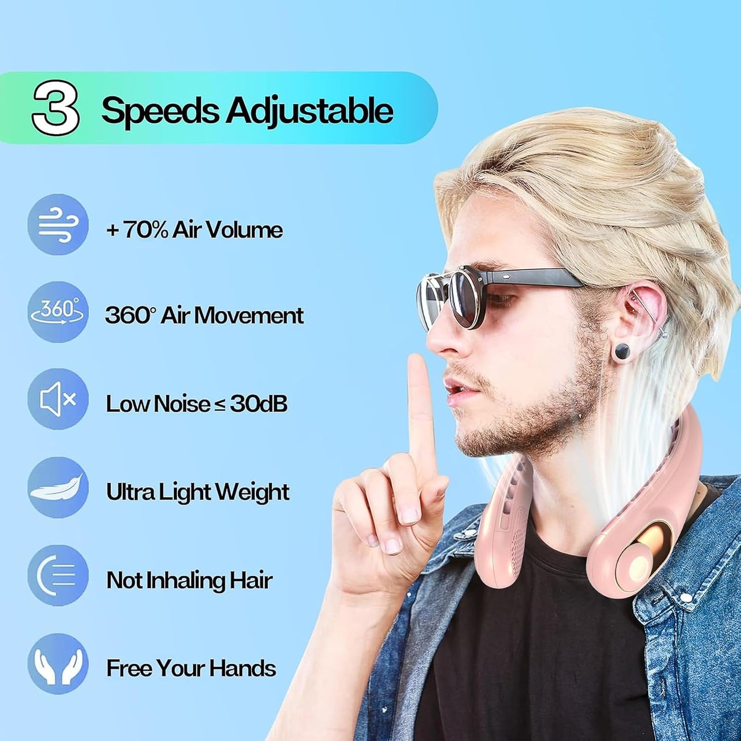 Portable Neck Fan, 4000Mah Rechargeable, 360° Airflow, Hands Free Bladeless Wearable Fan, 2 Pack, Pink