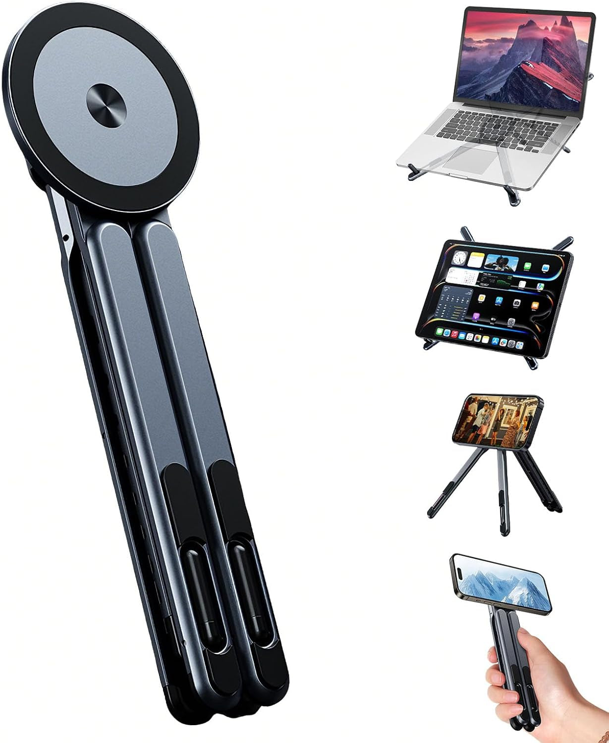 4-In-1 Foldable Laptop Stand, Portable Magnetic Phone Holder | N55 Magnets Magsafe Compatible, Pocket-Sized Tripod Handle for Macbook, Ipad, Travel & Vlog, Adjustable Ergonomic View Mount