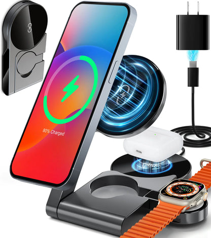 3 in 1 Wireless Charging Station Mag-Safe Fast Charging Station for Apple Magsafe Charger, with USB C Charger, Foldable Charging Magnetic Wireless Charger Stand, Space Aluminum Travel Charger