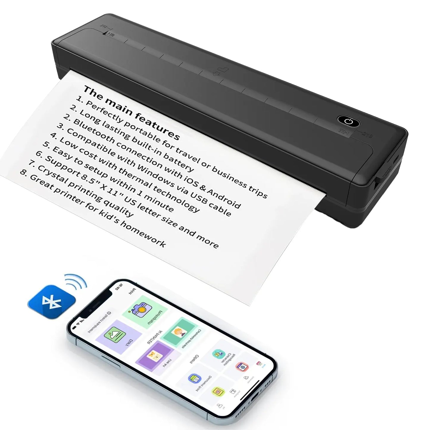 JOYYE Portable Printer, Portable A4, Mini Printer & Cartoon Sticker, Portable Thermal Printer, Travel, Mobile Office, School