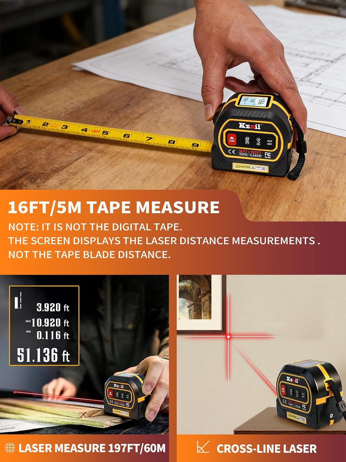 Laser Tape Measure 4-In-1 Tape Measure with Laser 196Ft/16Ft Fractional | Laser Measuring Tool with Backlit LCD, Magnetic Hook & Base - Area/Volume, for Woodworking & DIY