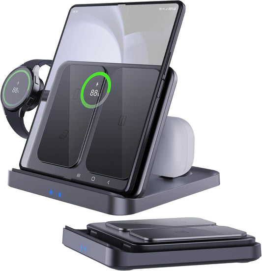 3 in 1 Foldable Wireless Charging Station for Galaxy Z Fold &Z Flip | 3-In-1 Foldable Fast Charging Dock Compatible with Galaxy Z Fold 7,6,5,4, Flip6,5,Watch6,6 Classic,Galaxy Buds 2,Pro,Live