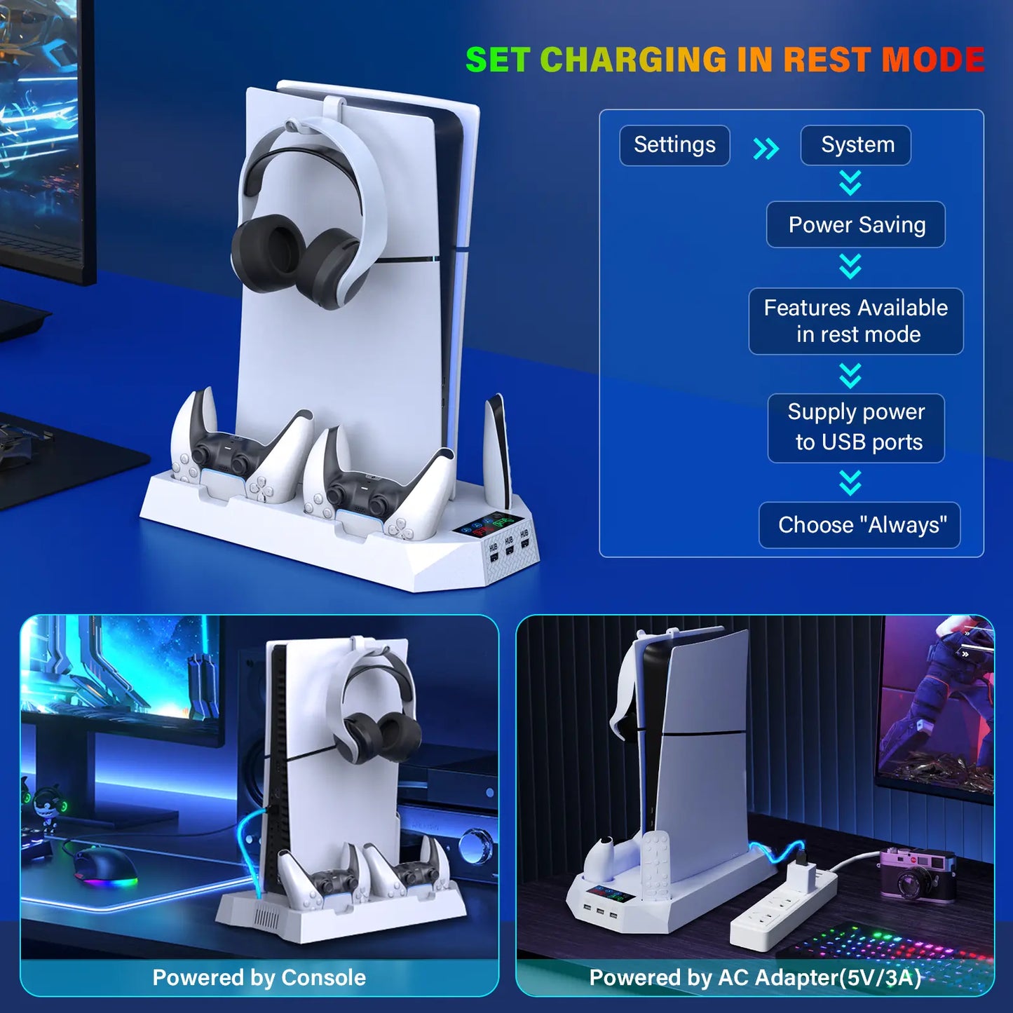 Cooling Station for Ps5/Slim Disc Digital Console,Ps5 Cooling Fan with Dual PS5 Controller Charger,3 Level Fan,For Playstation 5 Console Accessories White