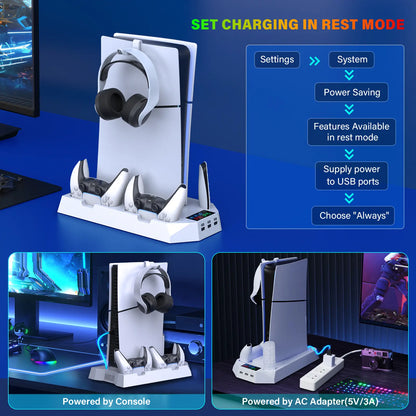 Cooling Station for Ps5/Slim Disc Digital Console,Ps5 Cooling Fan with Dual PS5 Controller Charger,3 Level Fan,For Playstation 5 Console Accessories White