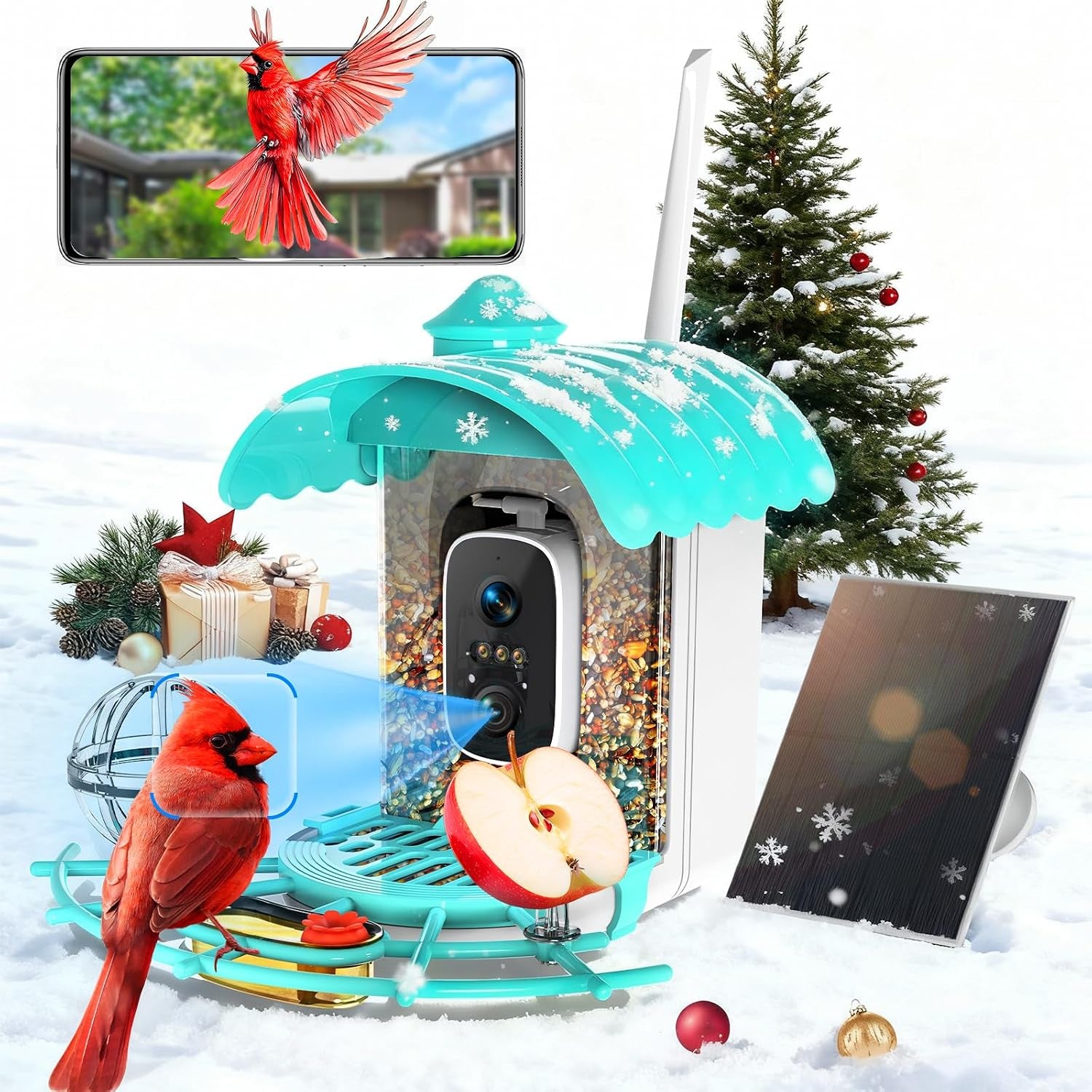 Smart Bird Feeder with Camera, AI Identify Birds Species Solar Powered, 2K HD Video Bird House with Camera, Instant Arrival Alerts, Waterproof Squirrel Proof, Gift for Birdlovers, 2.4Ghz Wifi, Blue