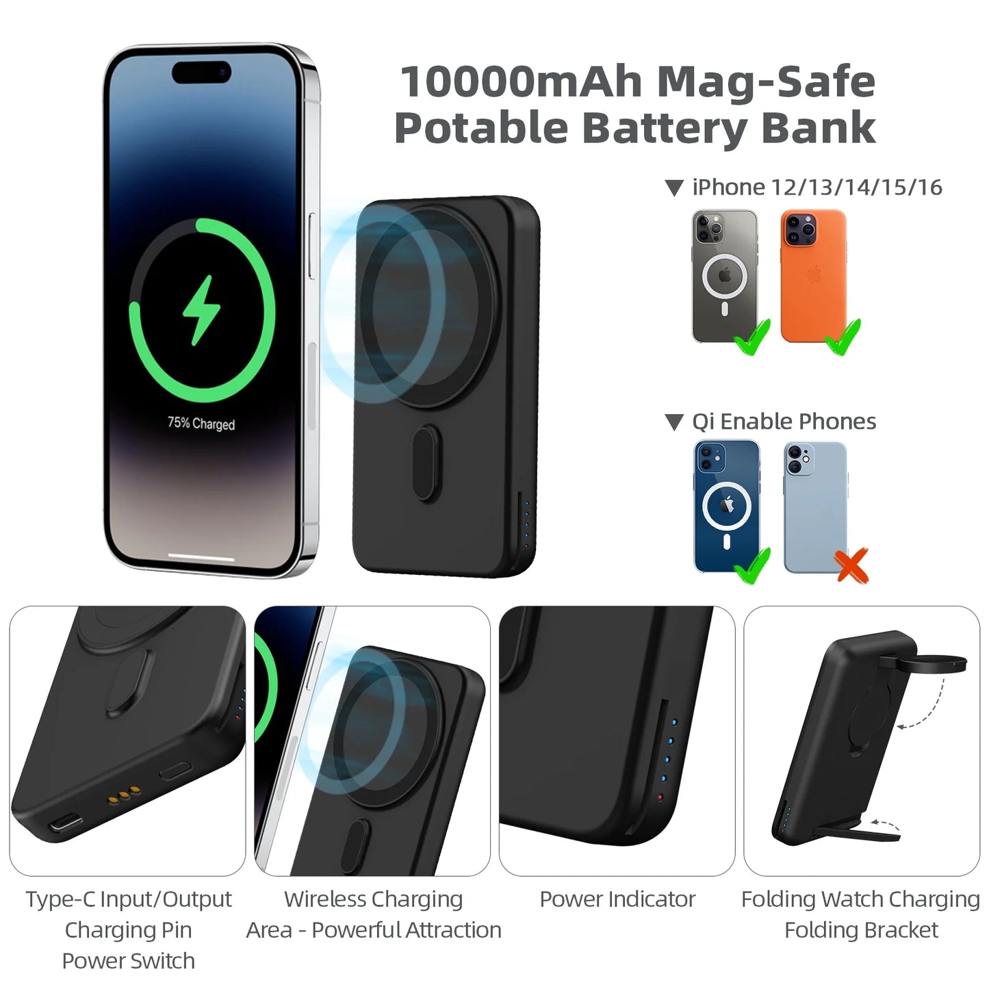 3 in 1 Wireless Charging Station 10000Mah Power Bank Magsafe for Iphone, Apple Watch