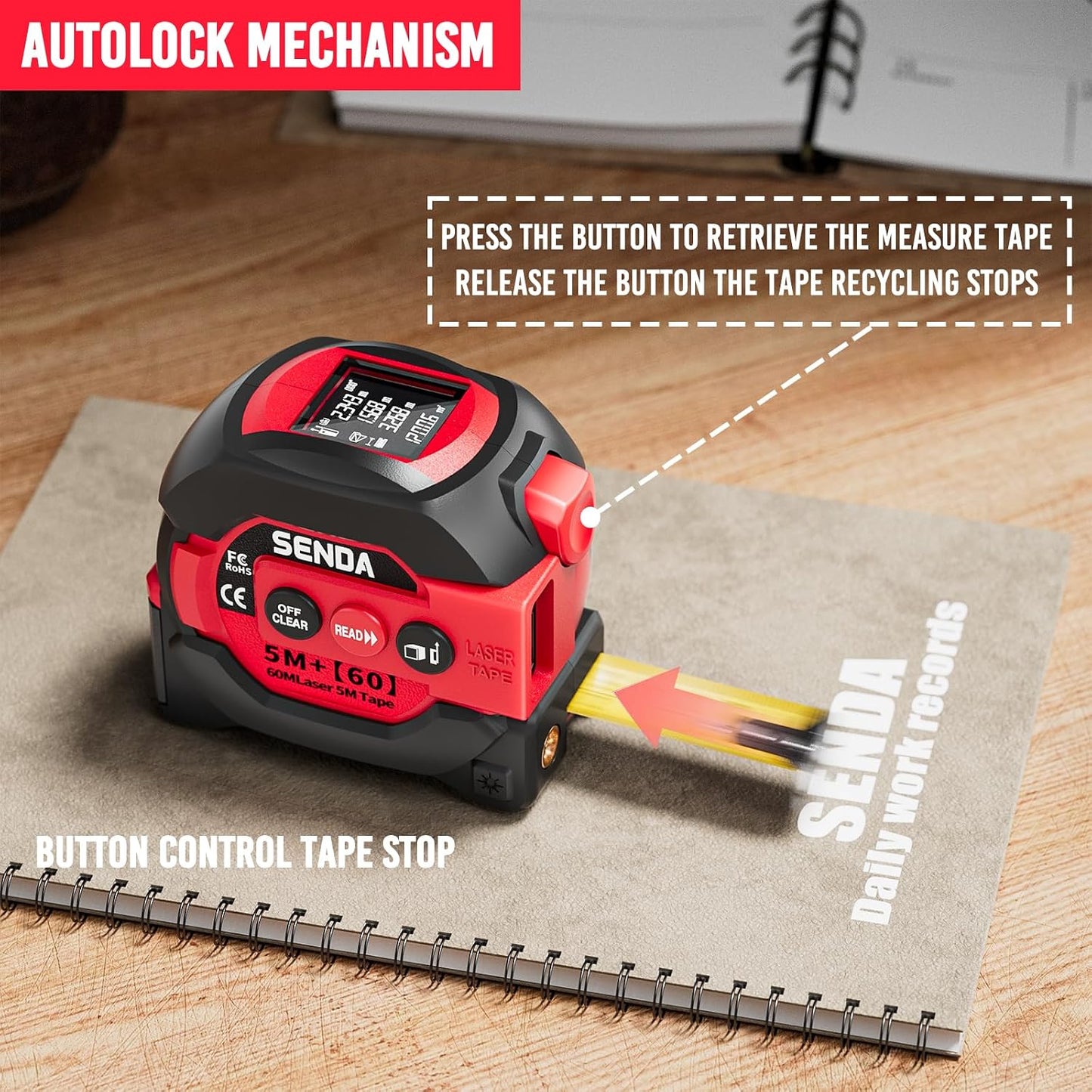 3-In-1 Laser Tape Measure - 197Ft Digital Measuring Tape with Led Display&16Ft Measuring Tool with Magnetic Hook & Auto Lock - Pythagorean, Area, Volume, Ft/Ft+In/In/M Unit, AAA Battery*2, Red