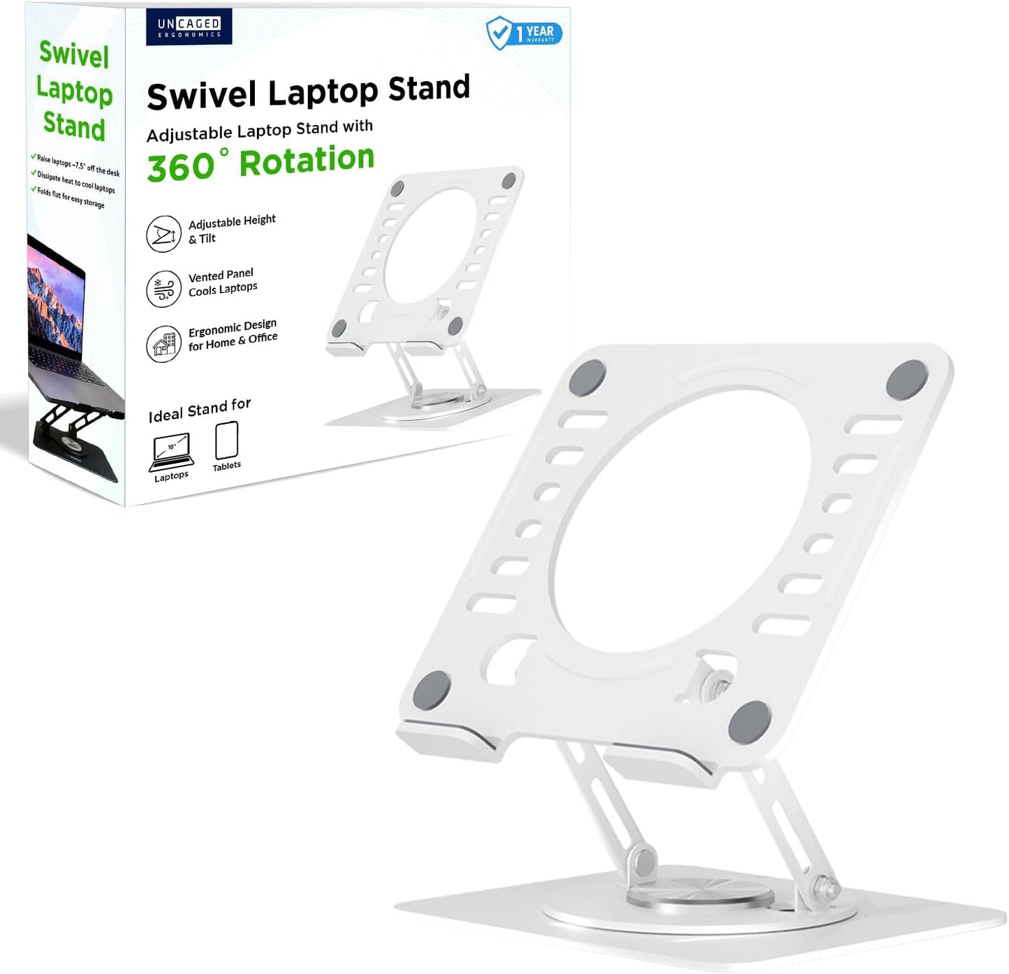 Swivel Laptop Stand for Desk, Adjustable Computer Ipad Stand for Desk W/ 360 Rotation, Portable Laptop Holder for Home Office Ergonomic Supplies (White)