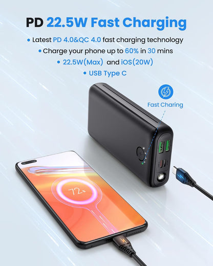 Portable Charger Power Bank 30000Mah USB C 22.5W Fast Charging Black | External Battery Pack PD QC4.0 with Flashlight 3 Outputs & 2 Inputs Battery Bank for Iphone Samsung Galaxy Ipad Etc