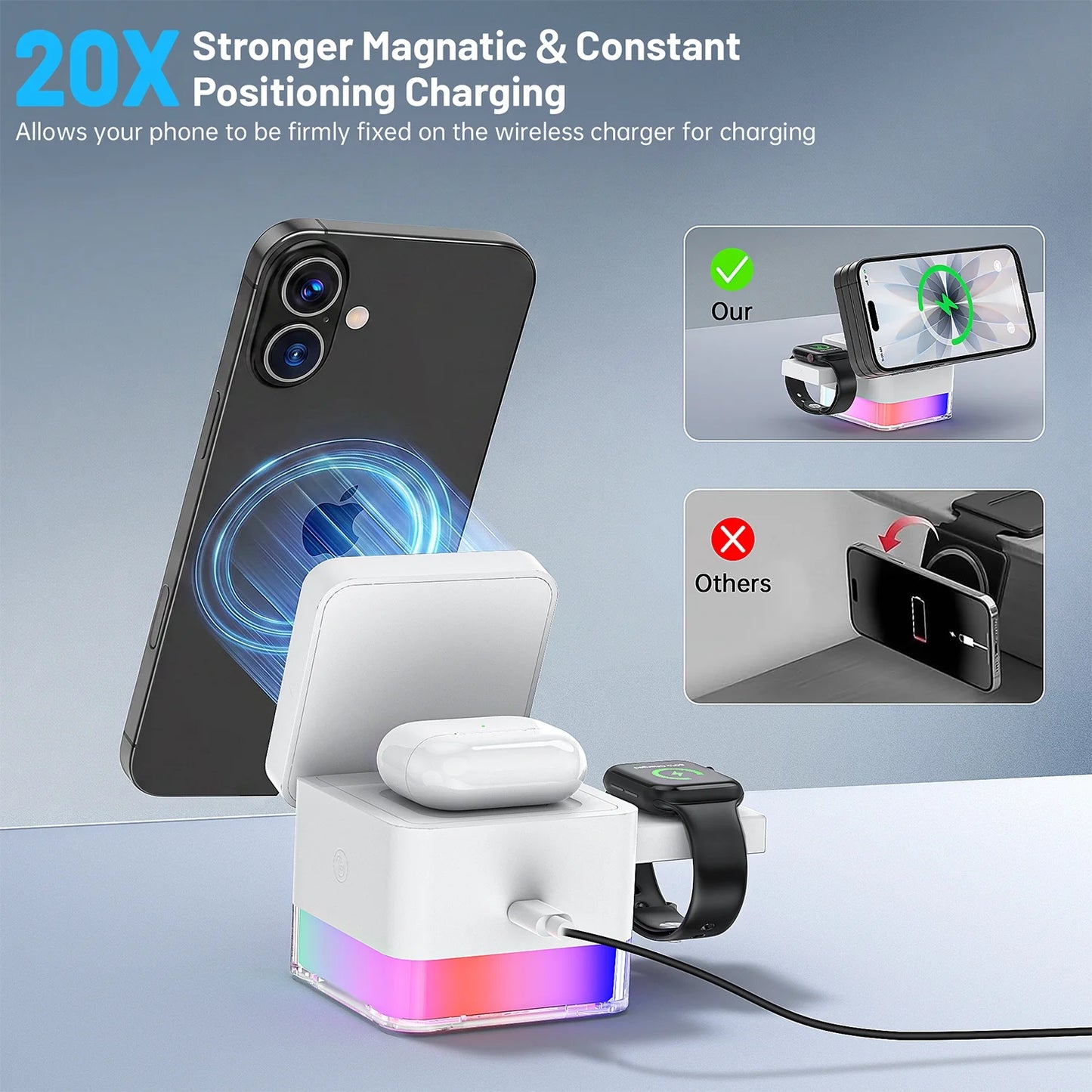 Iphone Wireless Charger,  3 in 1 Cube Wireless Charger Stand, 15W Fast Charging Station, Foldable Wireless Charger for Iphone 16/15/14/13/12 Pro Max, Iwatch S2-10/Ultra, Airpods 2/3/4/Pro