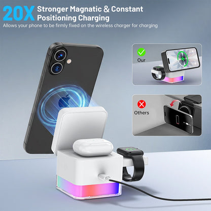 Iphone Wireless Charger,  3 in 1 Cube Wireless Charger Stand, 15W Fast Charging Station, Foldable Wireless Charger for Iphone 16/15/14/13/12 Pro Max, Iwatch S2-10/Ultra, Airpods 2/3/4/Pro