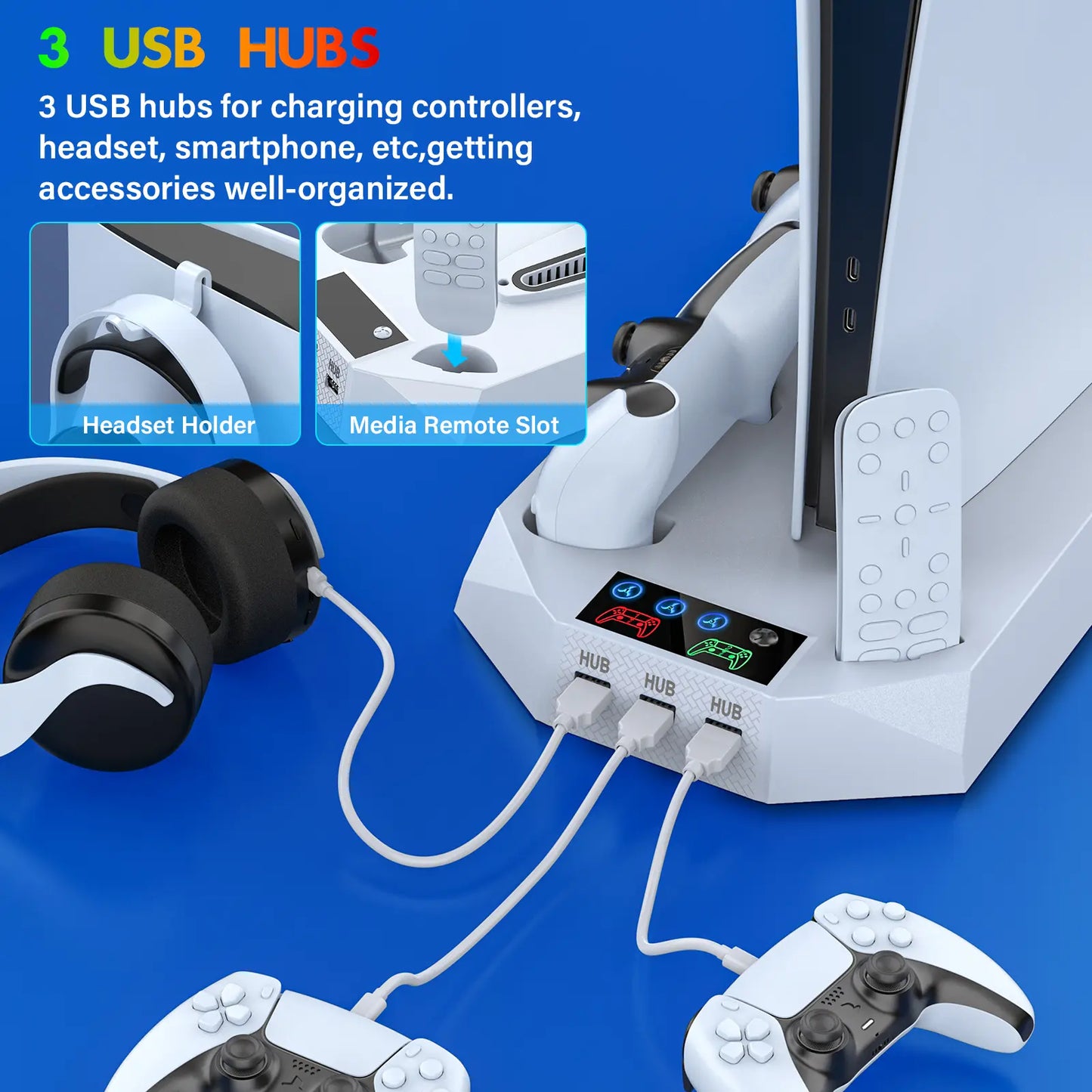 Cooling Station for Ps5/Slim Disc Digital Console,Ps5 Cooling Fan with Dual PS5 Controller Charger,3 Level Fan,For Playstation 5 Console Accessories White