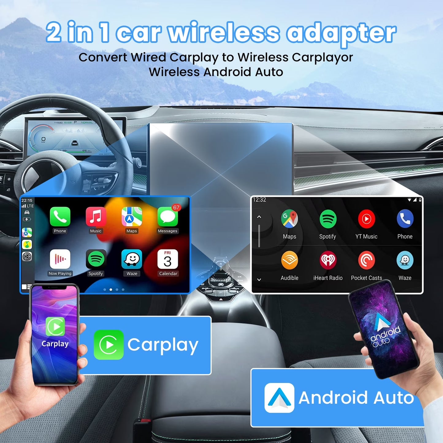 2 in 1 Wireless Carplay Adapter Upgraded, Wireless Carplay & Android Auto Adapter Converts Factory Wired Carplay to Wireless, Plug and Play Car Play Wireless Adapter, Compatible /Android