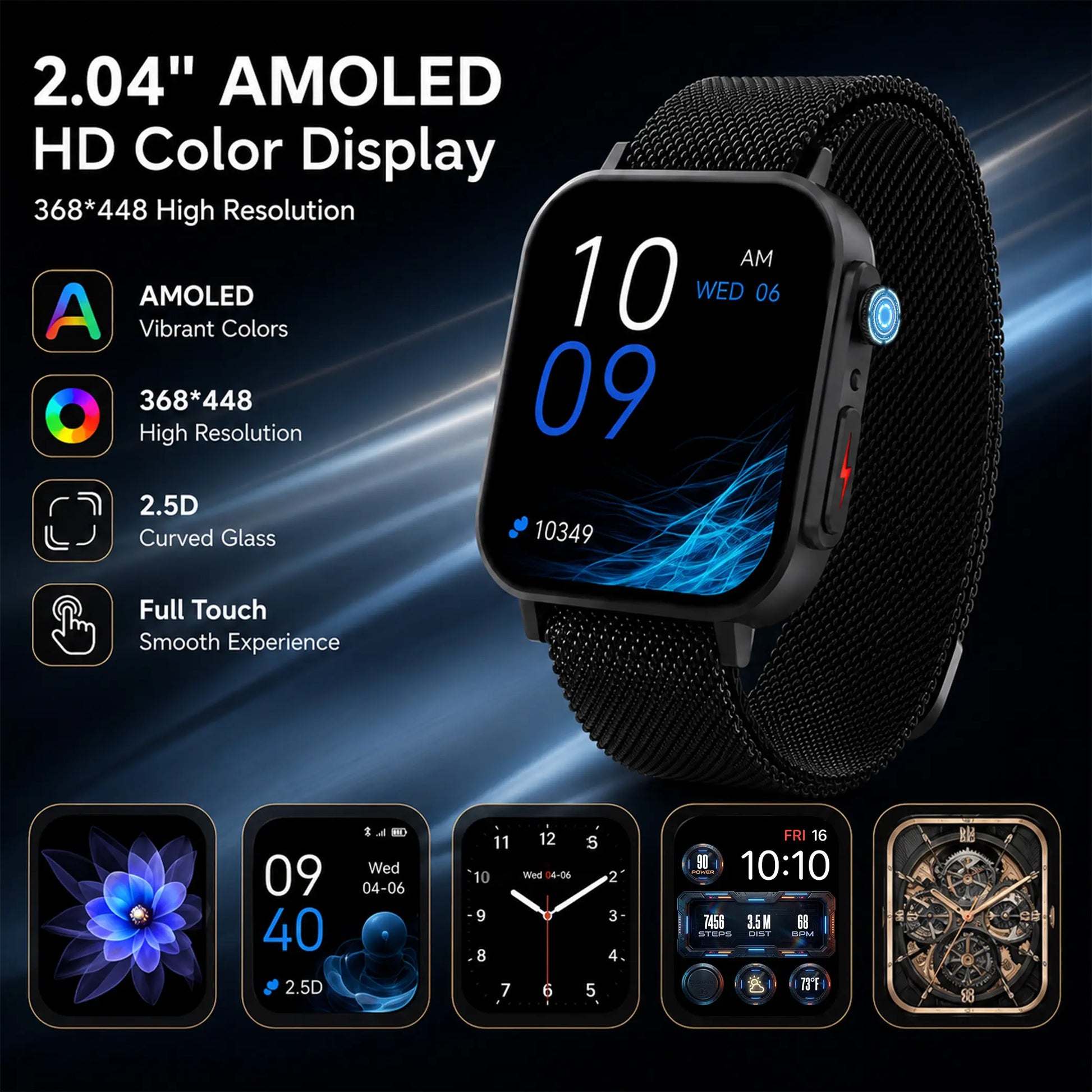 2.04" AMOLED Smart Watch – IP68 Waterproof, Bluetooth Calling, Fitness Tracker + Free Magnetic Mesh Steel Band