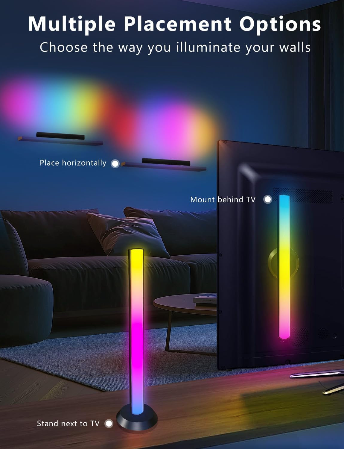 Smart LED Light Bar,Rgbicww TV Light Bars for Room,Gaming,Black | Remote and App Control,Color Changing,Timing,14 Inches TV Backlights with Scene and Music Modes,Multiple Placement Options
