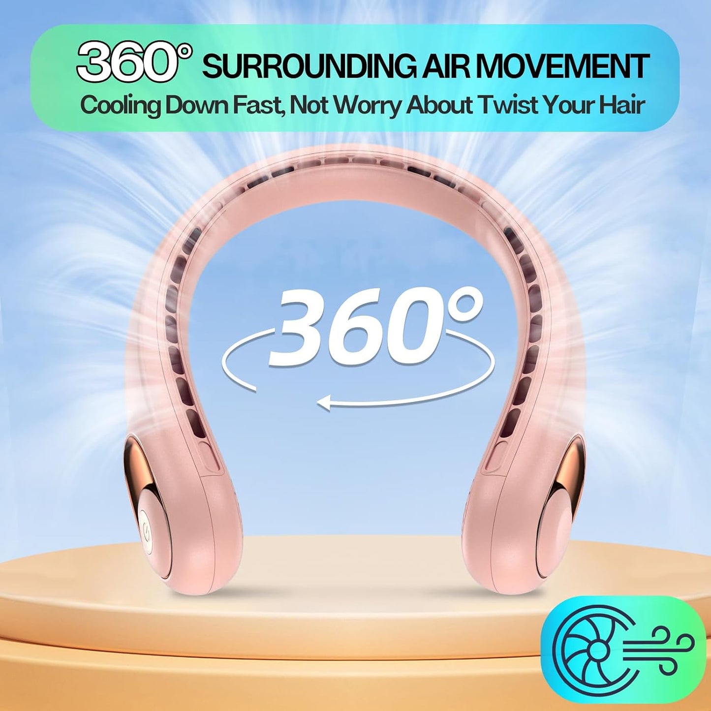 Portable Neck Fan, 4000Mah Rechargeable, 360° Airflow, Hands Free Bladeless Wearable Fan, 2 Pack, Pink