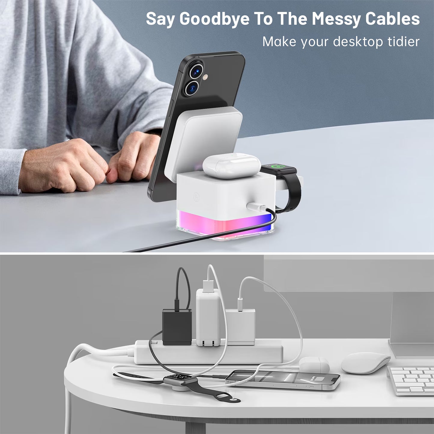 Iphone Wireless Charger,  3 in 1 Cube Wireless Charger Stand, 15W Fast Charging Station, Foldable Wireless Charger for Iphone 16/15/14/13/12 Pro Max, Iwatch S2-10/Ultra, Airpods 2/3/4/Pro