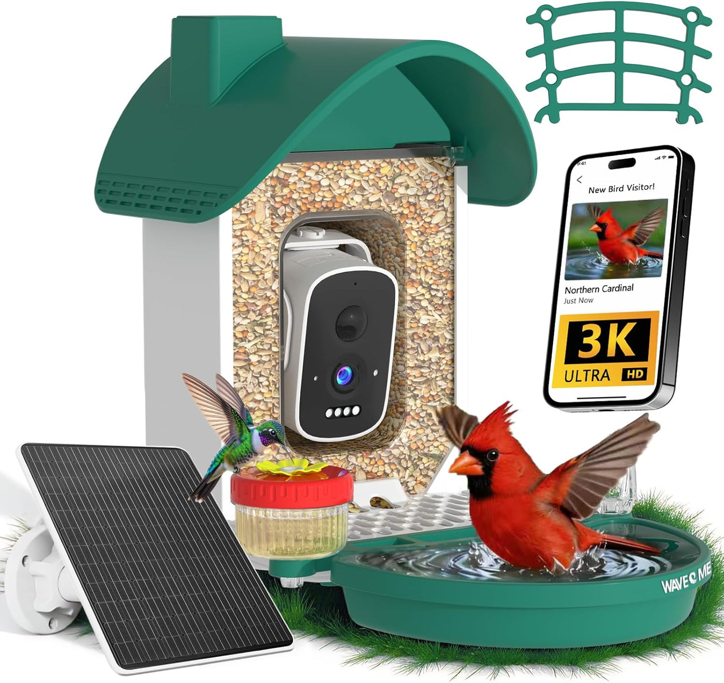 Smart Bird Feeder with Camera, 3K AI Bird Camera & Bath | Solar Powered Wireless Outdoor Bird House with Spill-Proof Net. Backyard Bird Watching Gift Idea for Bird Lovers