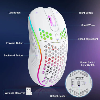 2.4G Wireless Mouse with RGB Backlit 6-Button 3-Speed DPI Type C Rechargeable Ergonomic Honeycomb Design Gaming Mouse SZKOSTON