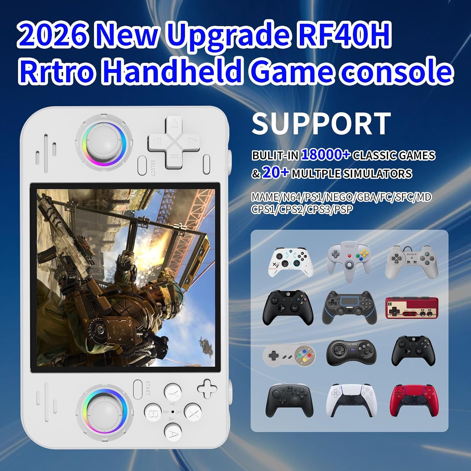 RF40H Retro Handheld Game Console, 4.0 Inch 720X720 IPS Screen, Built-In 18,000+ Classic Game, Portable Hand Held Open Source Linux System, 4000Mah Battery Retro Gaming Console (White)