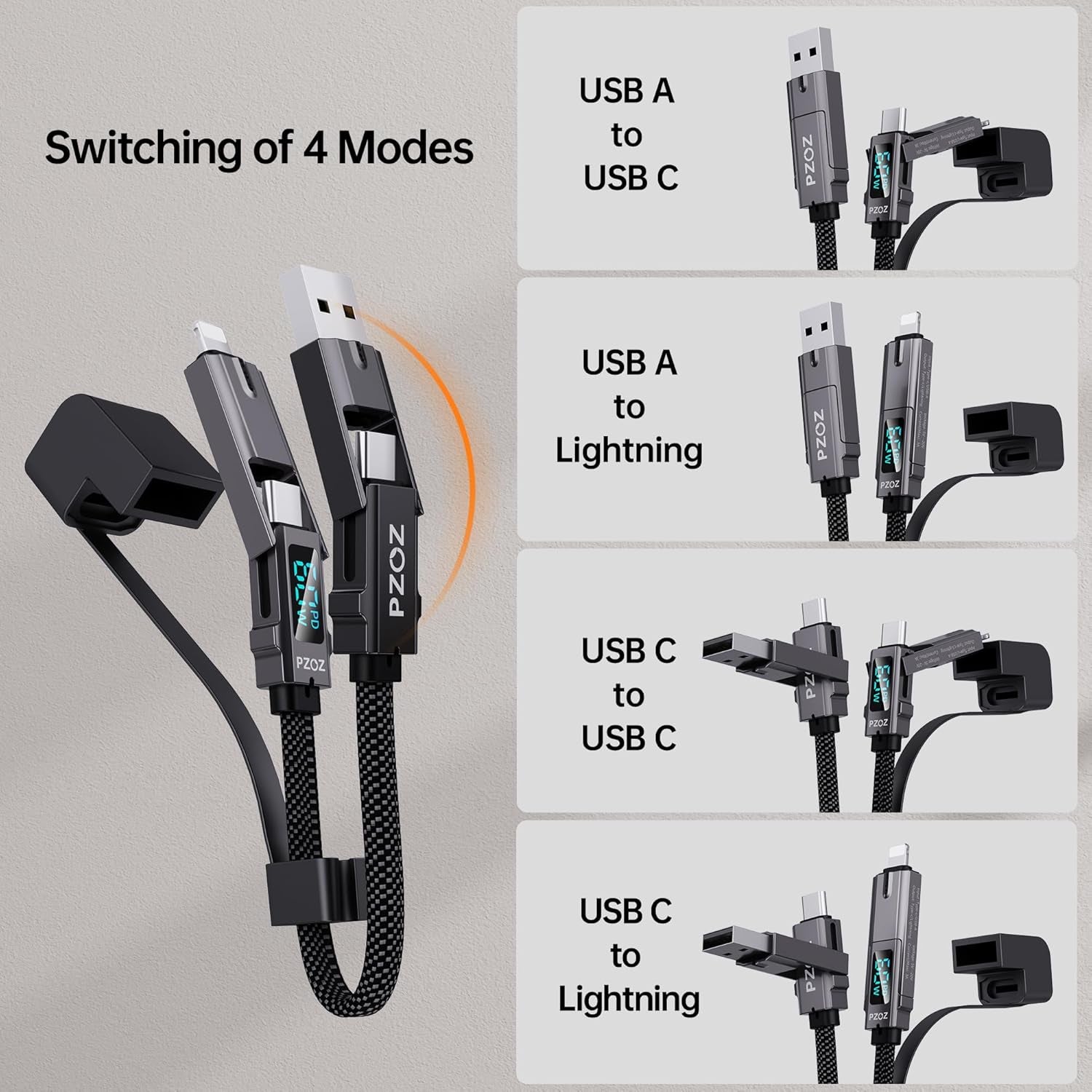 4-In-1 Keychain Charging Cable, 60W Fast Charging USB C Cable with LED Display, USB A/C to USB C & Lightning, Portable Short Charger Cord for Iphone 16/15, Ipad, Macbook, Samsung (60W, 7.3 Inchs)