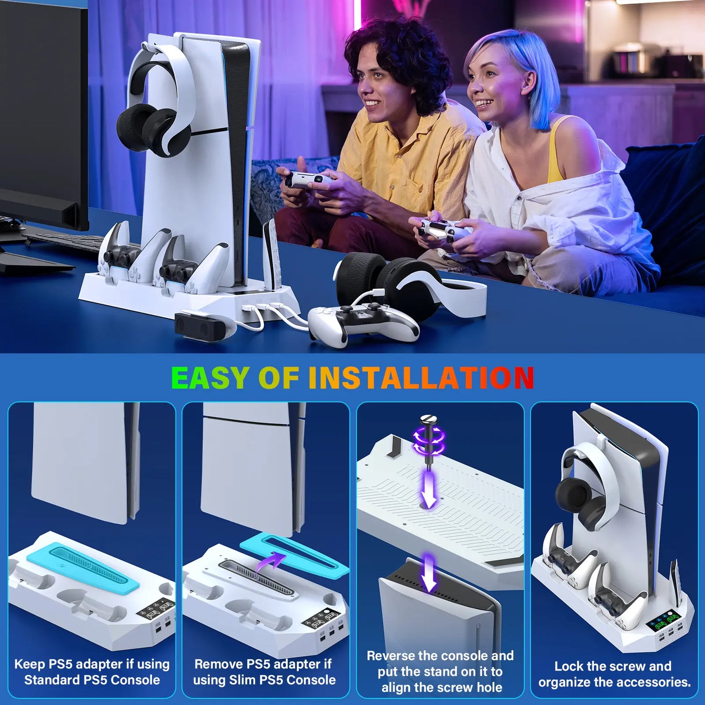 Cooling Station for Ps5/Slim Disc Digital Console,Ps5 Cooling Fan with Dual PS5 Controller Charger,3 Level Fan,For Playstation 5 Console Accessories White