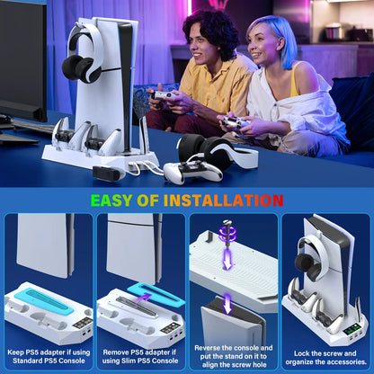 Cooling Station for Ps5/Slim Disc Digital Console,Ps5 Cooling Fan with Dual PS5 Controller Charger,3 Level Fan,For Playstation 5 Console Accessories White
