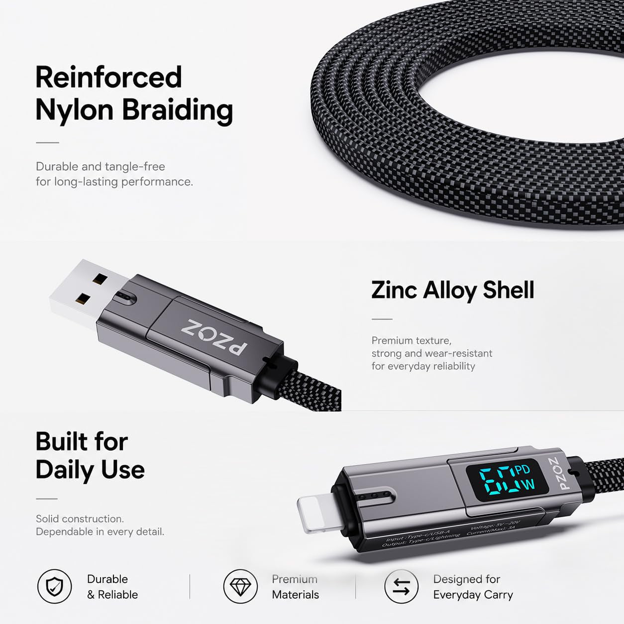 4-In-1 Keychain Charging Cable, 60W Fast Charging USB C Cable with LED Display, USB A/C to USB C & Lightning, Portable Short Charger Cord for Iphone 16/15, Ipad, Macbook, Samsung (60W, 7.3 Inchs)